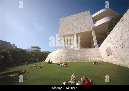 Architect, Richard Alan Meyer, culture, park, park, place of interest, summer builds in 1984 - in 1997, architecture the USA, California, Los Angeles, Getty Center, meadow, people, recreation America, town, Getty museum, building, structure, Stock Photo