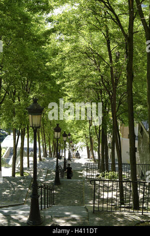 France, Paris, Montmartre, Rue Chappe, stairs, avenue trees, summers, Europe, town, capital, space, stairs rising, steps, lanterns, street lamps, trees, broad-leaved trees, summers Stock Photo