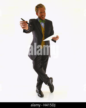 Businessman, slip paper, pen, reach, request, signature, laugh Men, man, manager, sales representative, paper, leaves, document, write, request, encourage, contract conclusion, happy, friendly, studio, cut outs, Stock Photo