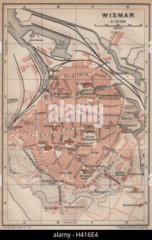 Wismar Antique Town City Stadtplan. Mecklenburg-vorpommern Karte, 1900 