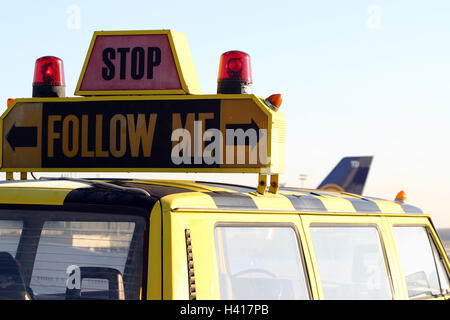 Germany, Hessen, Frankfurt on the Main, airport, pilot's vehicle, detail, Europe, Rhine Main airport, airport grounds, rolling trajectory, 'Follow me vehicle', 'Follow me carriages', 'Follow me coach', passenger car, pilot, pilot's vehicle, yellow-black, Stock Photo