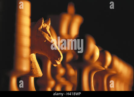 Chess, game figures, white, line-up, detail, parlour game, chess, board game, chess springboard, figures, chess pieces, picked, strategy game, game, manoeuvre, game chess, play chess, play, icon, conception, strategy, profit, victory, lose, Weakly, tactics, solution, power, logic, intelligence, management, economy, business, contention, competition, event, struggle for power, economic power, leisure time, hobby, Still life, product photography Stock Photo