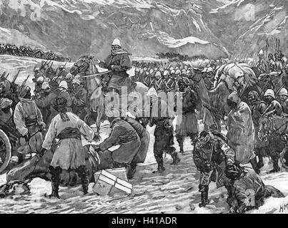 SIR JOHN KEANE (1781-1844) Irish commander in the British Army.   Engraving about 1879 showing his  forces crossing the Bolan Pass, Balochistan province, (in present day Pakistan) in  February 1839 before taking Kandahar Stock Photo