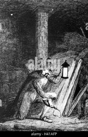 GUY FAWKES (1570-1606) preparing the Gunpowder plot under Westminster Palace from an early Victorian engraving Stock Photo