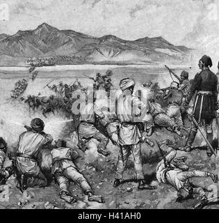CHARLES GEORGE GORDON (1833-1885) British Army officer. His mixed Egyptian forces defeating Mahdi forces trying to cross the White Nile at Kalakala, 3 May 1884 Stock Photo