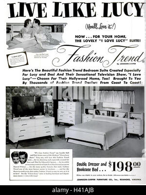 LIVE LIKE LUCY  1953 advert for bedroom furniture based on that used in the hit US TV series (1951-1960) I Love Lucy with Lucille Ball and Desi Arnaz Stock Photo