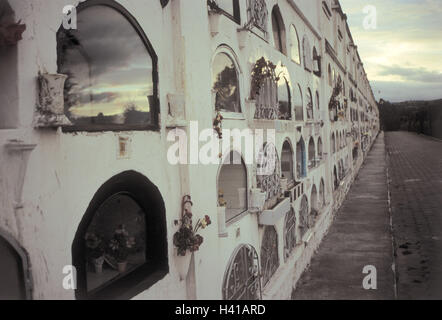 Ecuador, Tulcan, cemetery, urn wall, detail, South America, wall, defensive wall, niches, flowers, memory, memorial, death, faith, religion, resignation, grief Stock Photo