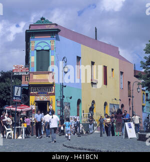 Argentina, Buenos Aires, La Boca, Caminito, street artist, tourist, South America, harbour fourth, part town, pictures, paintings, sell, exhibit, display, art, place of interest, tourism, pedestrian, passer-by Stock Photo