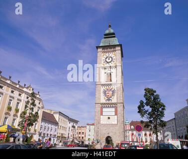 Austria, Upper Austria, Enns, town square, town tower, Europe, area Linz country, town, city centre, place of interest, landmark, tower, clock tower, city arms, coat arms, architecture, building, structure Stock Photo