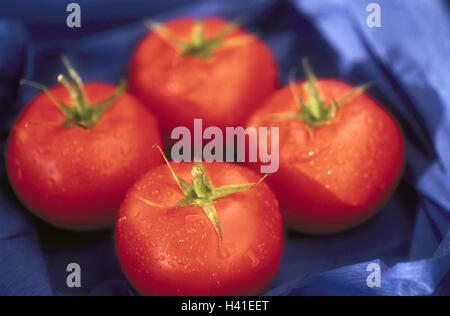 Tomatoes, red, four, wet vegetables, paradise apple, Lycopersicon esculentum, Solanaceae, healthy, rich in vitamins, low-calorie, drops water, drops, humidity, moisture, wash away, freshness, Food, food Stock Photo