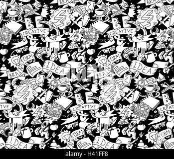 Creative doodles idea brainstorm black white seamless pattern. Stock Vector