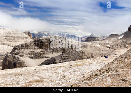 People hiking in Sass Pordoi, Dolomites, Italy, Europe Stock Photo