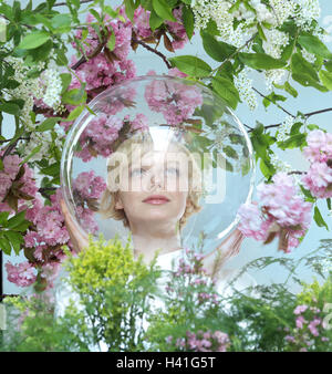 Trees, blossoms, woman, head, glass ball, allergy, protection, isolation, defence icon, conception, disease, allergically, reaction, measure, counterweir, security, avoidance, allergens, pollen, flower pollen, polling allergy, hay fever, hypersensibility, Stock Photo