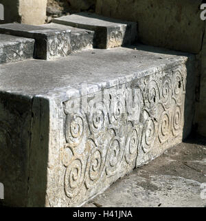 Malta, Tarxien, temple plant, detail, stone blocks, spiral relief, culture, Tarxien temple, temple leftovers, remains, Maltese temples, stone relief, megalithic culture, in 3800-2500 B.C. Stock Photo