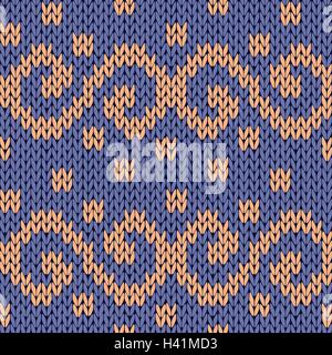 Knitting seamless ornate vector pattern with swirl elements in blue and beige colors as a knitted fabric texture Stock Vector