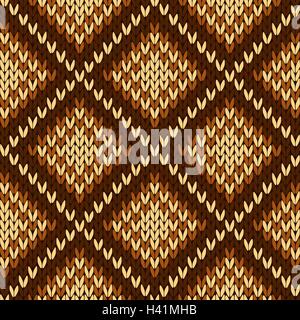 Abstract knitting ornamental seamless vector pattern with square cells in various hues of brown as a knitted fabric texture Stock Vector
