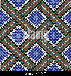 Abstract knitting ornamental seamless colorful vector pattern with square cells as a knitted fabric texture Stock Vector