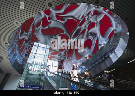 Austria, Styria, Graz, central station, walls, colourfully, escalator, Europe, railway station, station hall, inner walls, intervention, plastic lining, red-white, art, culture, place of interest Stock Photo