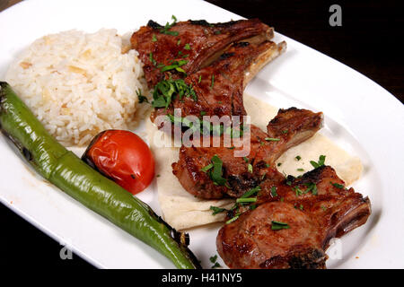 Grilled Lamb Chops with Rice Stock Photo