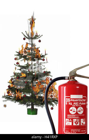 Christmas tree and fire extinguisher Stock Photo