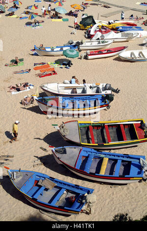 Portugal, Algarve, Carvoeiro, sandy beach, bathers, fishing boats, overview, Europe, coastal place, seaside resort, beach, beach, Sand, tourist, take it easy, enjoy, the suns, solar bath, rest, recreation, beach holiday, summer vacation, boots, oar boots, from above, holiday destination, destination, Stock Photo