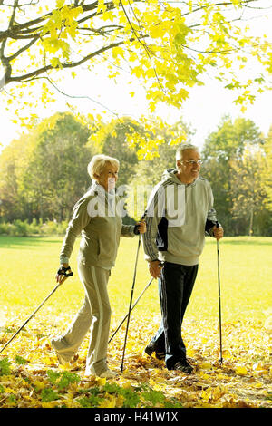 Meadow, Senior couple, Nordic Walking, side view, senior citizens, Best Age, leisure time, fun, fitness, sport, sportily, sport, run technology, rest, training, bold burn, equaliser, nature, motion, activity, vitality, leisure time sport, telescope floors Stock Photo