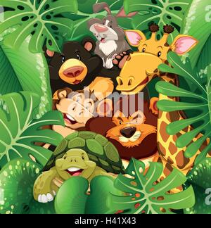 Many types of animals in the bush illustration Stock Vector