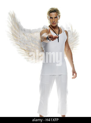 Man, young, view camera, arm outstretched, angel's wing, 20-30 years, beauty, attractively, contemplative, meditative, wing, flip flop, clothes, white, summery, innocence, cleanness, angel, Christmas angel, guardian angel, enlightenment, wait, request cut Stock Photo