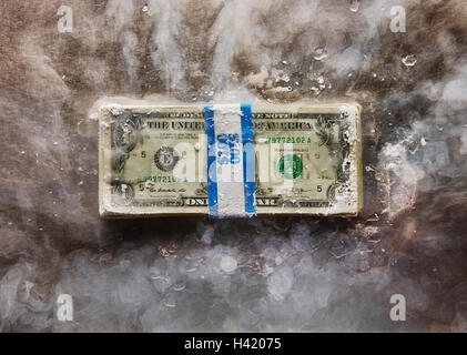 Frozen bundle of dollar bills Stock Photo