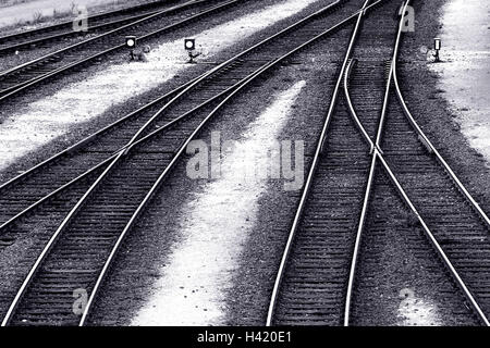 Railway station, track installation, detail, points, b/w Stock Photo