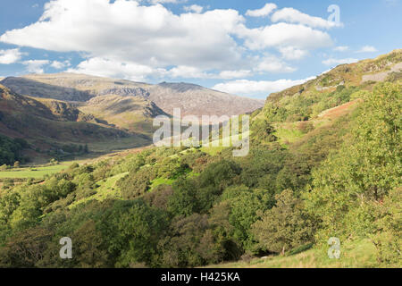 Looking up the Nantgwynant Valley towards Glyder Fawr and Glyder Fach, Snowdonia National Park, North Wales, UK Stock Photo