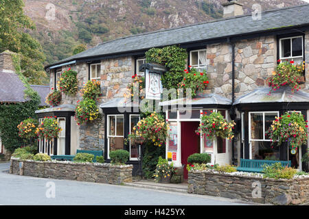 The attractive village of Beddgelert and the Tanronnen Inn,  Snowdonia National Park, North Wales, UK Stock Photo