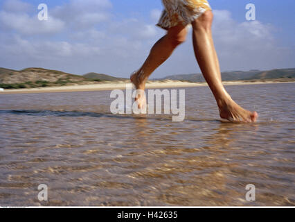 Beach, sea, woman, skirt, detail, legs,,  runs, barefoot,   Series, young, clothing, summery, recuperation, vacation, leisure time, fun, zest for life, happy, carefree, freely, ease, water, surf, waves, however, loneliness, enjoys, Stock Photo