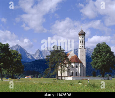 Germany, Bavaria, east Allgäu, pilgrimage church St. Koloman, mountain range, Europe, Swabia, close swan's region, church, sacred construction, church, religion, faith, Christianity, architecture, structure, builds in 1685, architectural style, baroque, b Stock Photo