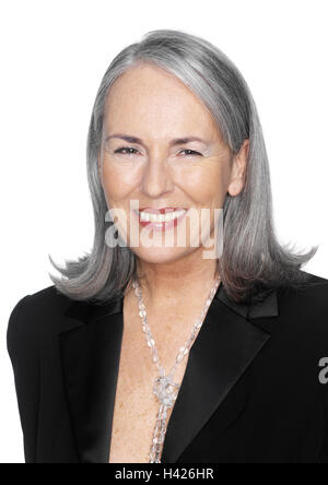 Senior, long-haired, laugh, portrait, woman, 55-65 years, middle old person, Best Age, grey-haired, made up, discreetly, necklace, catena, costume jewellery, naturalness, cultivated, dapperly, attractively, satisfaction, balance, happy, joy, view camera, Stock Photo