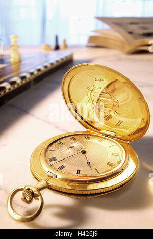 Pocket watch, nostalgically clock, old, antique, golden, mechanically, heirloom, antique, time, time, dial, time display, time knife, time, transitoriness, digits, figures, punctuality, unpunctuality, chess springboard, detail, Still life, product photogr Stock Photo