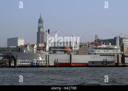 Germany, Hamburg, harbour, ship 'Cap San Diego', detail, Europe, Hanseatic town, Saint Pauli, landing stages, the Elbe, museum ship, ship, general cargo freighter, restores, label, stroke, ship name, navigation, place of interest, background, steeple, St. Michaelis, Michel, landmark Stock Photo