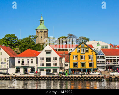 Bars, restaurants and Valberg tower in Stavanger harbour Stock Photo