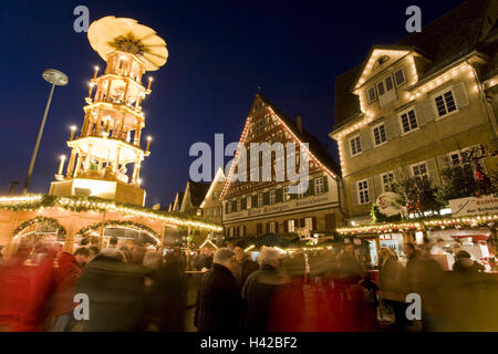 Germany, Baden-Wurttemberg, Esslingen, Christmas fair, Christmas pyramid, lighting, evening, Stock Photo