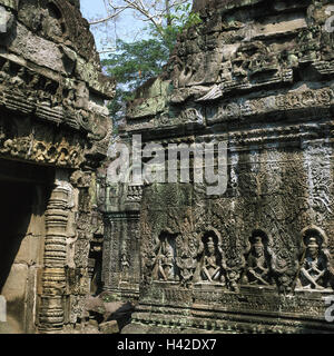 Cambodia, Angkor, Banteay Kdei, temple, detail, wall reliefs, South-East Asia, temple plant, post angkorianische period, structure, architecture, culture, relief, wall relief, sculptures, god's figures, place of interest Stock Photo