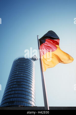 Germany, North Rhine-Westphalia, Dusseldorf, high rise, flag, Europe, state capital, town, city, building, architecture, high-rise office block, office building, around, tower, facade, glass front, flagpole, flagpole, flag, nationality, national flag, in Stock Photo