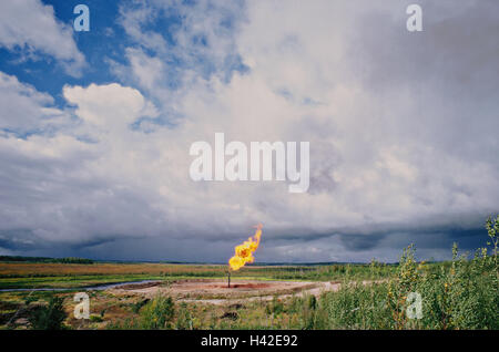 Russia, Siberia, region Tumen, Erölförderung, Abfackelung, oil conveying plant, oil support, oil, burn off, crude oil, oil production, economy, industry, oil industry, crude oil industry, raw material production, crude oil economy, crude oil, production, Stock Photo