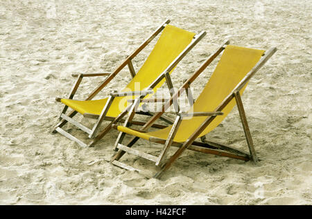 Sandy beach, deck chairs, yellow, two, beach, Sand, beach, folding chairs, folding deck chairs, loneliness, exit, rest, silence, non-season, low season, beach holiday, summer vacation, recreation, rest, take it easy, enjoy, solar bath, tourism, product ph Stock Photo