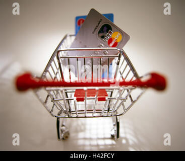 Shopping carts, credit cards, blur make purchases, shops, shopping, purchasing, technology, trade, digitally, miniature shopping carts, payment, by transfer, means payment, Still life, product photography, conception, idea, studio Stock Photo
