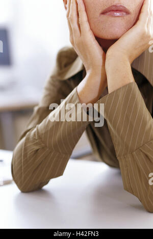 Office, manager, lost in thought, absently, head rest on, detail, office workers, clerks, woman, businesswoman, boredom, bored, wait, dreams away, to dreams, absently, submerged thought, think, consider, submergedly, daydreaming, tag dream, longing, roman Stock Photo