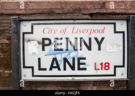 Penny Lane street sign. Famous street in Liverpool made famous by The Beatles. Stock Photo