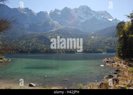 Germany, Bavaria, Zugspitze, cable car, Eibsee, shore, Upper Bavaria, Werdenfels, mountains, alps, mountain, summit, snow, mountaintop, 2.962 m, trajectory, mountain railway, Eibsee cable car, ropes, lake, mountain lake, lakeside, nature, Idyll, holiday's region, Stock Photo