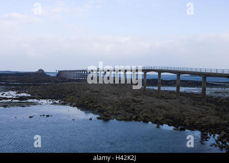 France, Brittany, Finistere, Roscoff, pier, Ile de Batz, low tide, sea, dusk, Stock Photo