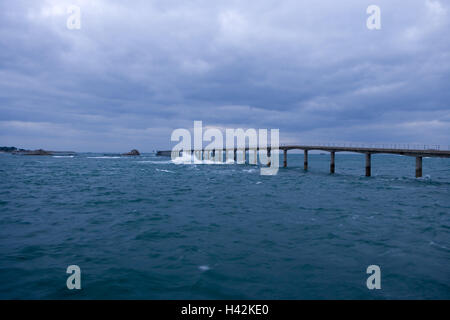 France, Brittany, Finistere, Roscoff, pier, Ile de Batz, sea, dusk, Stock Photo