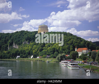 Germany, Bavaria, throaty home, Michel's mountain, waiver hall, in 1837, river Danube, holiday ships, Lower Bavaria, antiquish, rotunda, building, structure, architecture, cult site, place of interest, tourism, ships, navigation, outside, river journey, Stock Photo